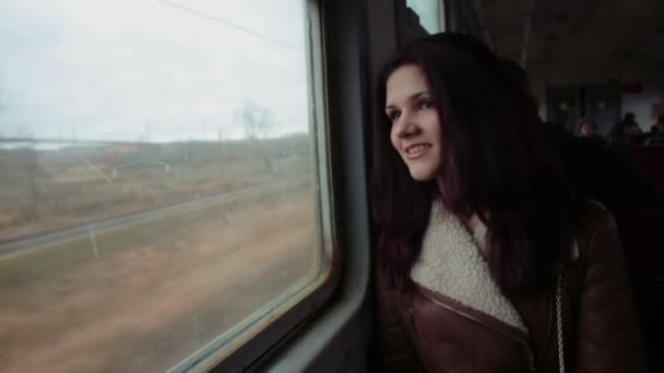 Привлекательная девушка в поезде — стоковое видео