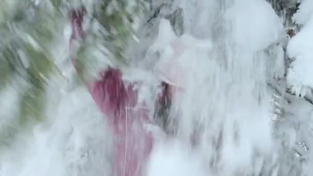 Привлекательная женщина трясет снежными ветвями — стоковое видео
