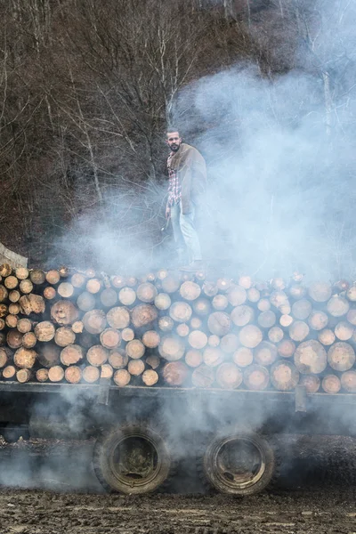 Homem no caminhão vintage com logs — Fotografia de Stock