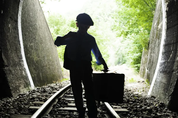 Child walking on railway road — Stock Photo, Image