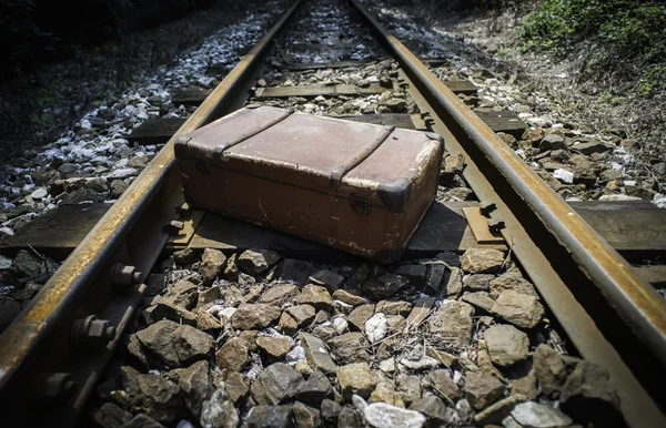 Vintage suitcase on railway road — Stock Photo, Image