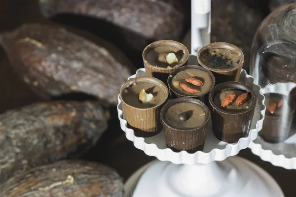 Chocolade bonbons in de schotel en cacao — Stockfoto