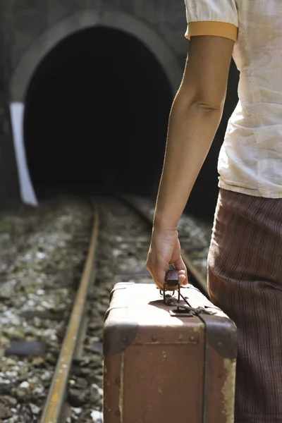 Woman and suitcase on railway road — Stock Photo, Image