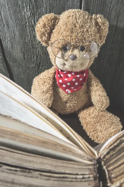 Teddy bear with old vintage book — Stock Photo, Image