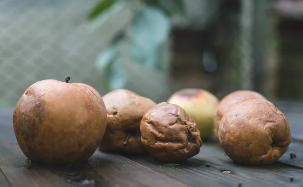 Faule Äpfel auf Holz — Stockfoto