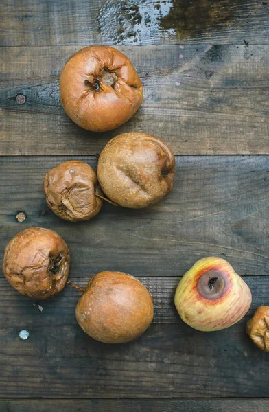 Rotten apples on wood — Stock Photo, Image