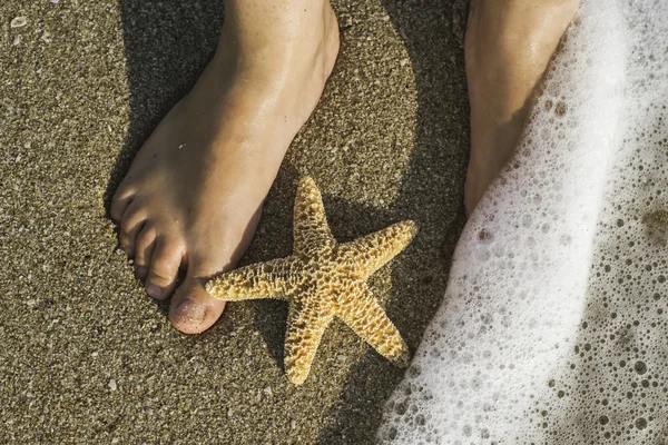 Starfish e pés na praia — Fotografia de Stock