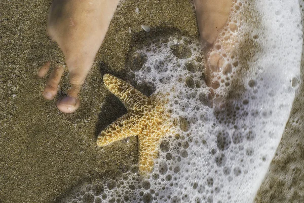 Starfish e pés na praia — Fotografia de Stock