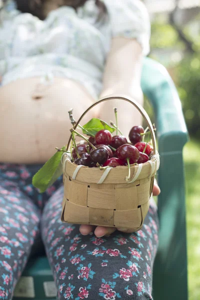 Woman picking cherries — Stock Photo, Image