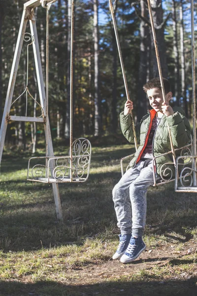 Criança em balanço na floresta — Fotografia de Stock