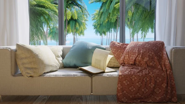 Vakantie concept achtergrond met interieurelementen, palmen en open boek — Stockfoto