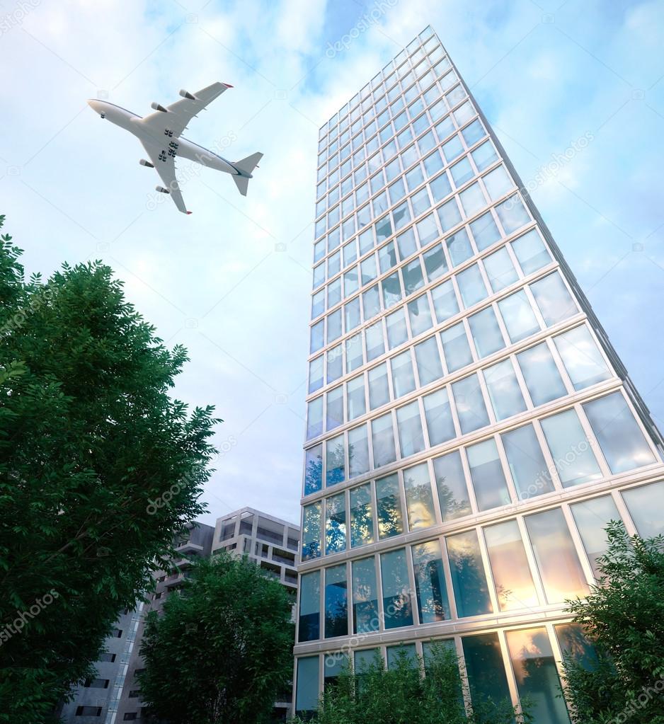 buildings with flying airplane and trees concept business and tourism background