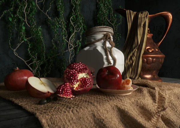 Jar, rop, apples,pomegranate,plant and orange on canvas drapery conceptual still-life — Stock Photo, Image