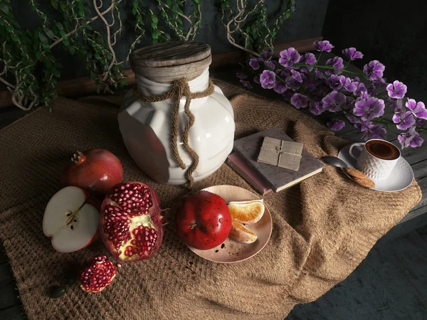 Jar,apples,pomegranate,coffe cup with books and orange on canvas drapery conceptual still-life — Stock Photo, Image