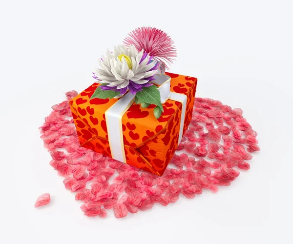 흰색 선물 상자 리본 활 및 꽃 및 심장 모양, 공휴일 서식 파일 — 스톡 사진