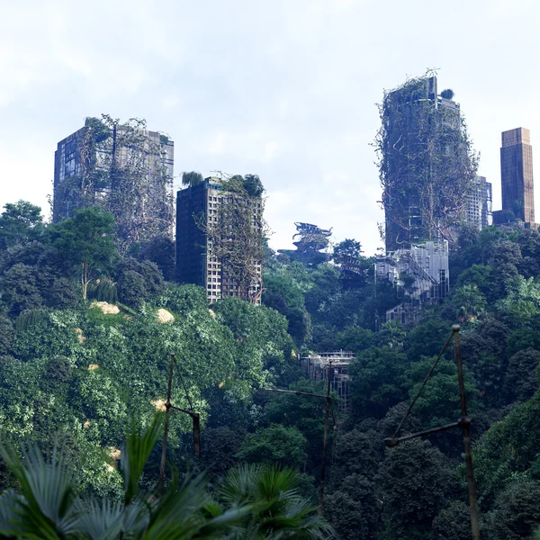 Apocalyptische concept achtergrond van futuristische en verlaten stad Rechtenvrije Stockfoto's