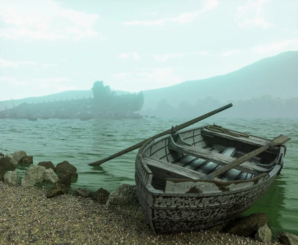 Apokalyptische Konzeptkulisse mit altem Boot am Strand — Stockfoto
