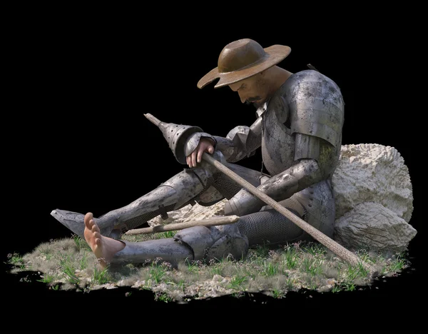 Sedící postava Dona Quijota na izolovat černém pozadí — Stock fotografie