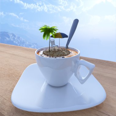 Coffee cup vacation relaxing concept composition with palm and chair clipart