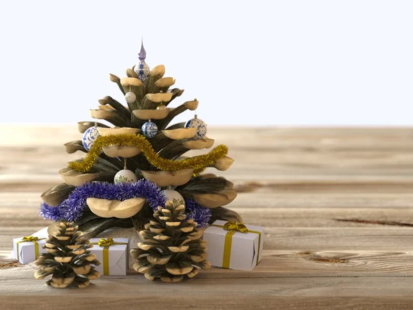 Cone de Natal com presentes em madeira textura conceito férias fundo — Fotografia de Stock