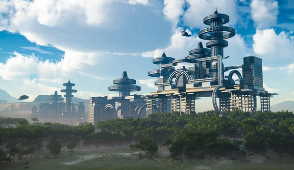 Aerial view of Futuristic City with flying spaceships — Stock Photo, Image