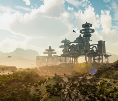 Uzay uçan ile Futuristic şehrin havadan görünümü