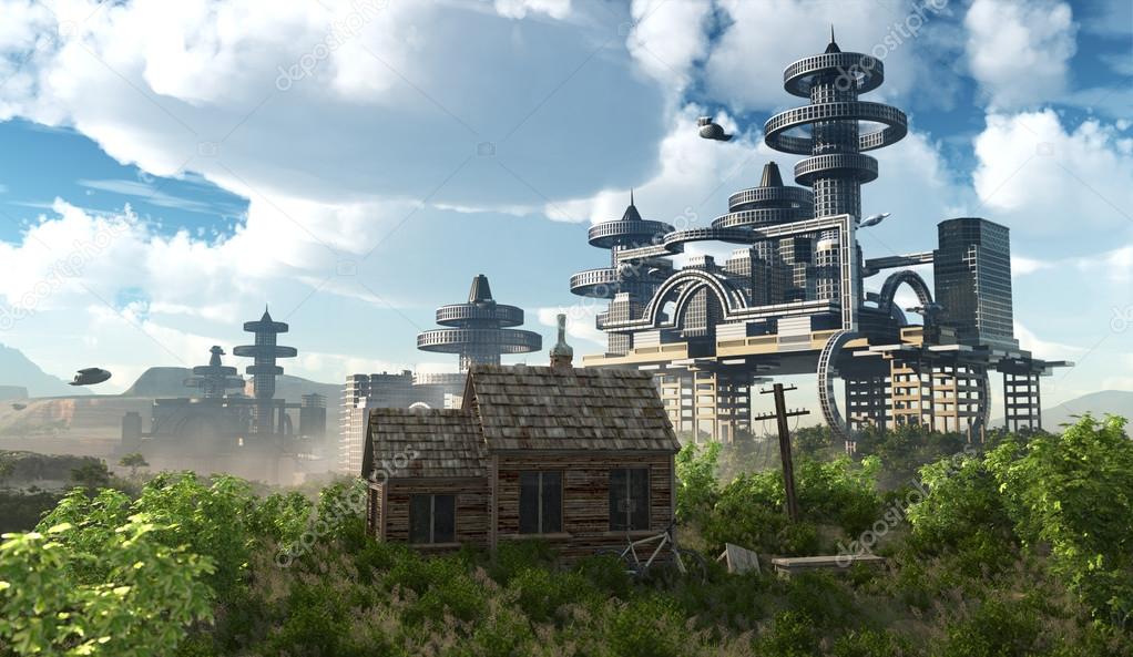 Aerial view of Futuristic City with flying spaceships and ancient house