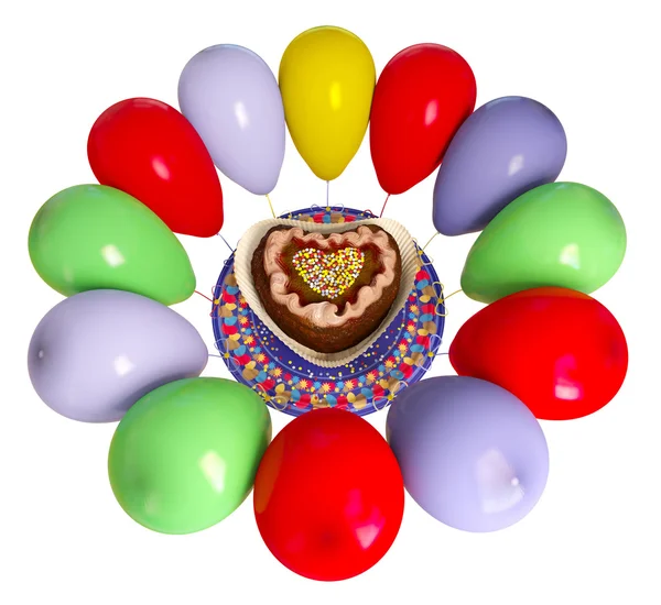 Decoratieve verjaardagscake en ballonnen viering achtergrond op witte isoleren — Stockfoto