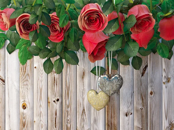 Roses and a hearts on wooden board, Valentines Day background, wedding day holiday background — Stock Photo, Image