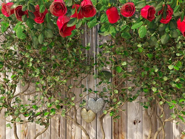 Rosas y corazones en tablero de madera, fondo del día de San Valentín, fondo de vacaciones del día de la boda — Foto de Stock