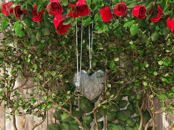 Rosas y un corazón con llave sobre tabla de madera , — Foto de Stock