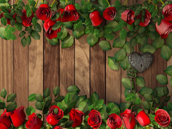 Roses and a heart with key on wooden board, — Stock Photo, Image