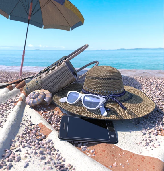 Concept background with seashell, umbrella and beach accessories — Stock Photo, Image