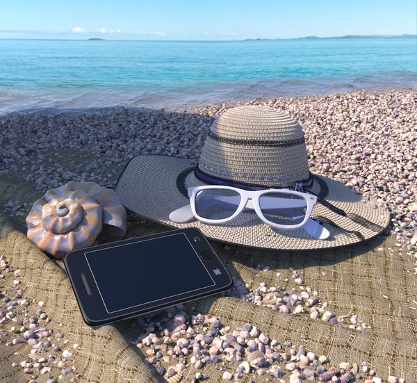 Relaxing vacation concept background with seashell, iphone and beach accessories — Stock Photo, Image