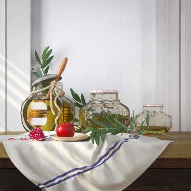 Elma ve nar Rosh Hashana İbranice dini bayram bal kavanozu