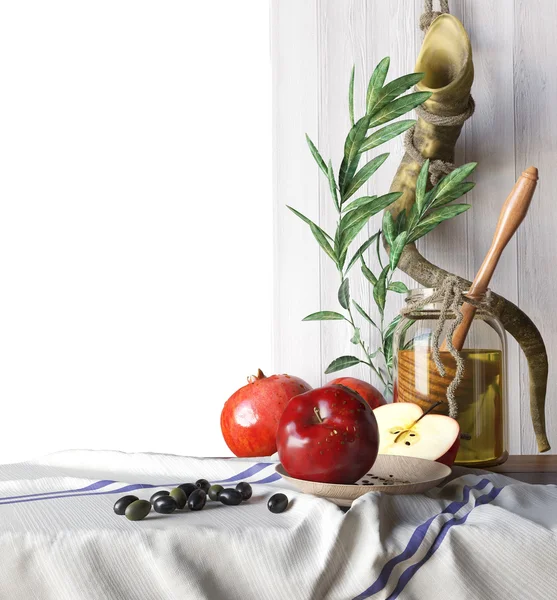 Honung burk med äpplen och granatäpple Rosh Hashana hebreisk religiös högtid — Stockfoto