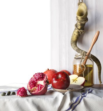 Honey jar with apples and pomegranate Rosh Hashana hebrew religious holiday clipart