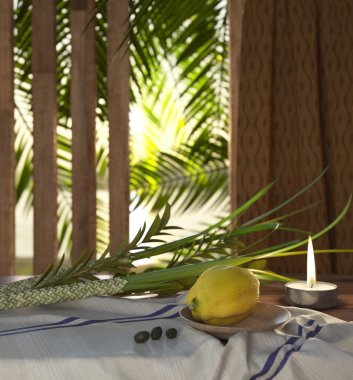 Symbols of the Jewish holiday Sukkot with palm leaves and candle clipart