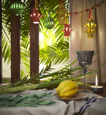 Palmiye yaprakları ve mum ile Yahudi tatil Sukkot sembolleri