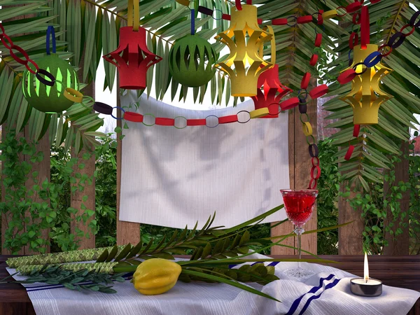Symbolen van het Joodse vakantie Soekot met palmbladeren en kaars — Stockfoto