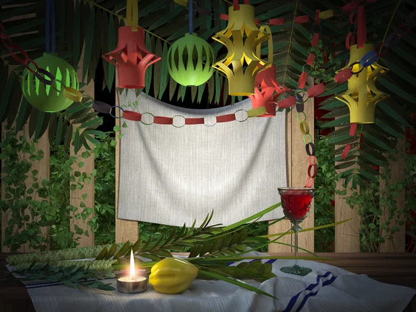 Símbolos das férias judaicas Sukkot com folhas de palma e vela — Fotografia de Stock