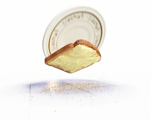 Pan y mantequilla cayendo en el concepto de suelo aislar el fondo —  Fotos de Stock