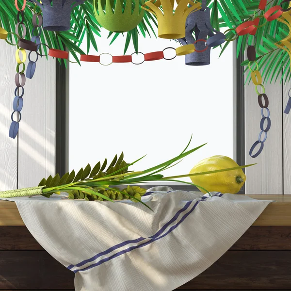 Symbole des jüdischen Feiertags Sukkot mit Palmblättern und Kerze — Stockfoto