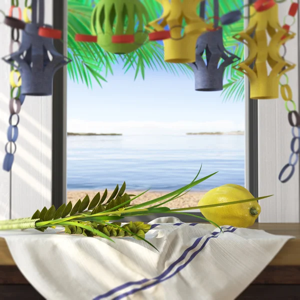 Symbolen van het Joodse vakantie Soekot met palmbladeren en strand — Stockfoto