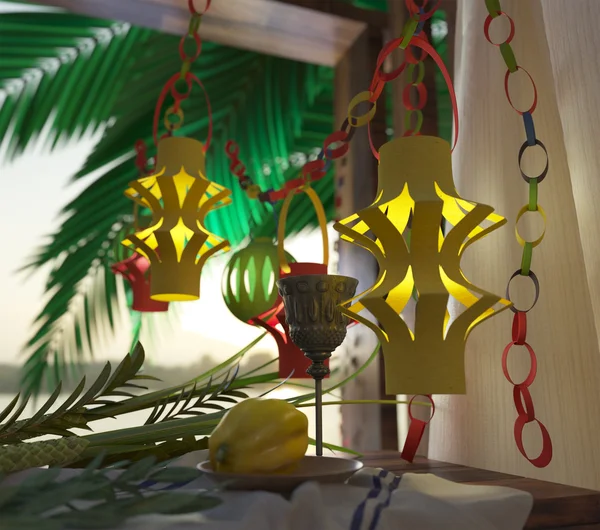 Simboli della festa ebraica Sukkot con foglie di palma e vino di vetro Illustrazione 3D — Foto Stock