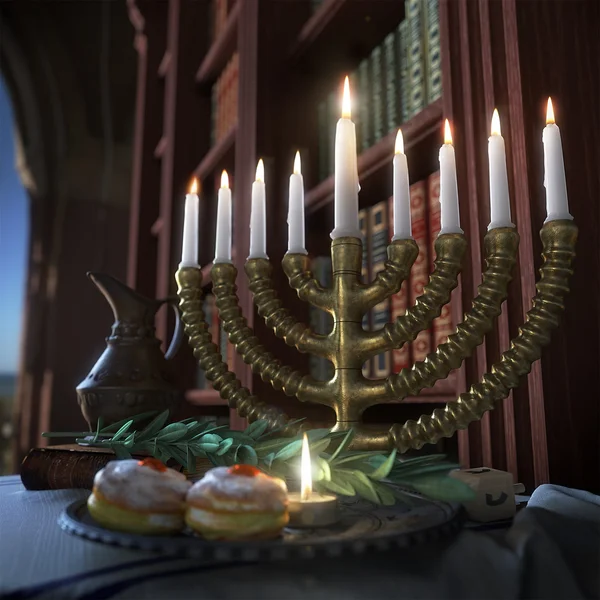 Hanukkah background with candles, donuts, spinning top and old books — Stock Photo, Image