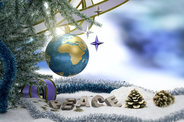 Happy New Year and Merry Christmas background with earth and peace word — Stock Photo, Image