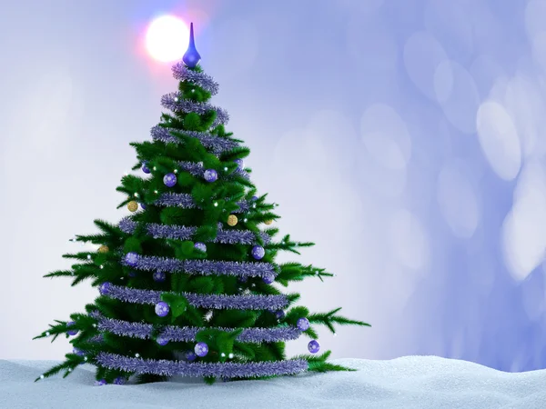 Albero di Natale con decorazioni e neve su sfondo decorativo . — Foto Stock
