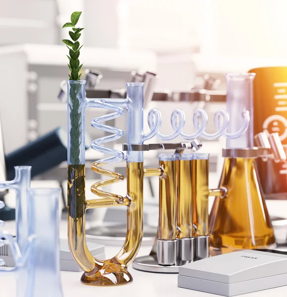 Groene plant in chemisch laboratorium wetenschap en technologie concept achtergrond — Stockfoto