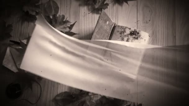 Black and white stylize Animation of a book opening, with winding leafs and curtains conceptual background — Stock Video